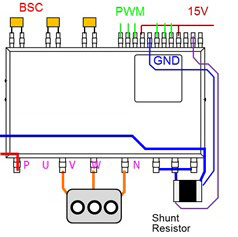 An example of the application circuit required for MISOP™ indicating the connections to the shunt resistors, Bootstrap-Capacitors, control input, control power supply and power terminals.